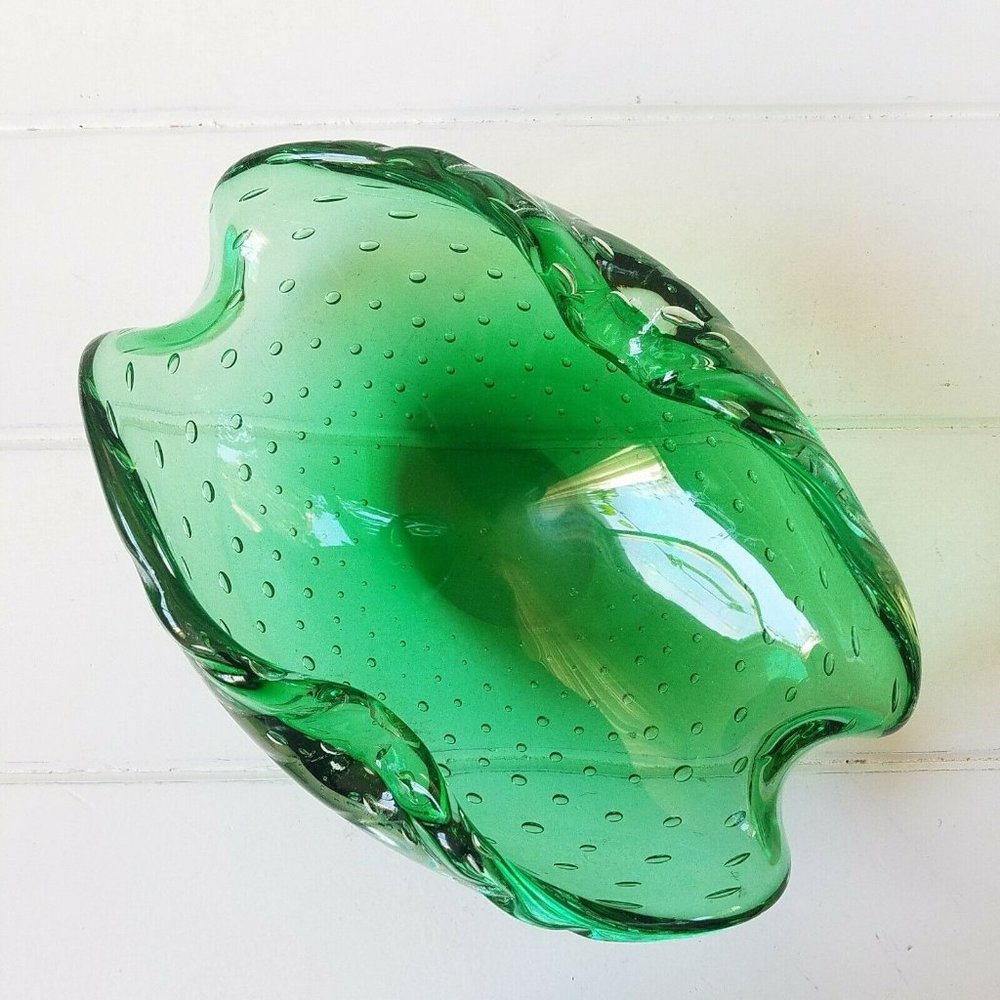 Vintage Green Art Glass Bowl Controlled Bubbles,  Bullicante Biomorpic Shape HTF